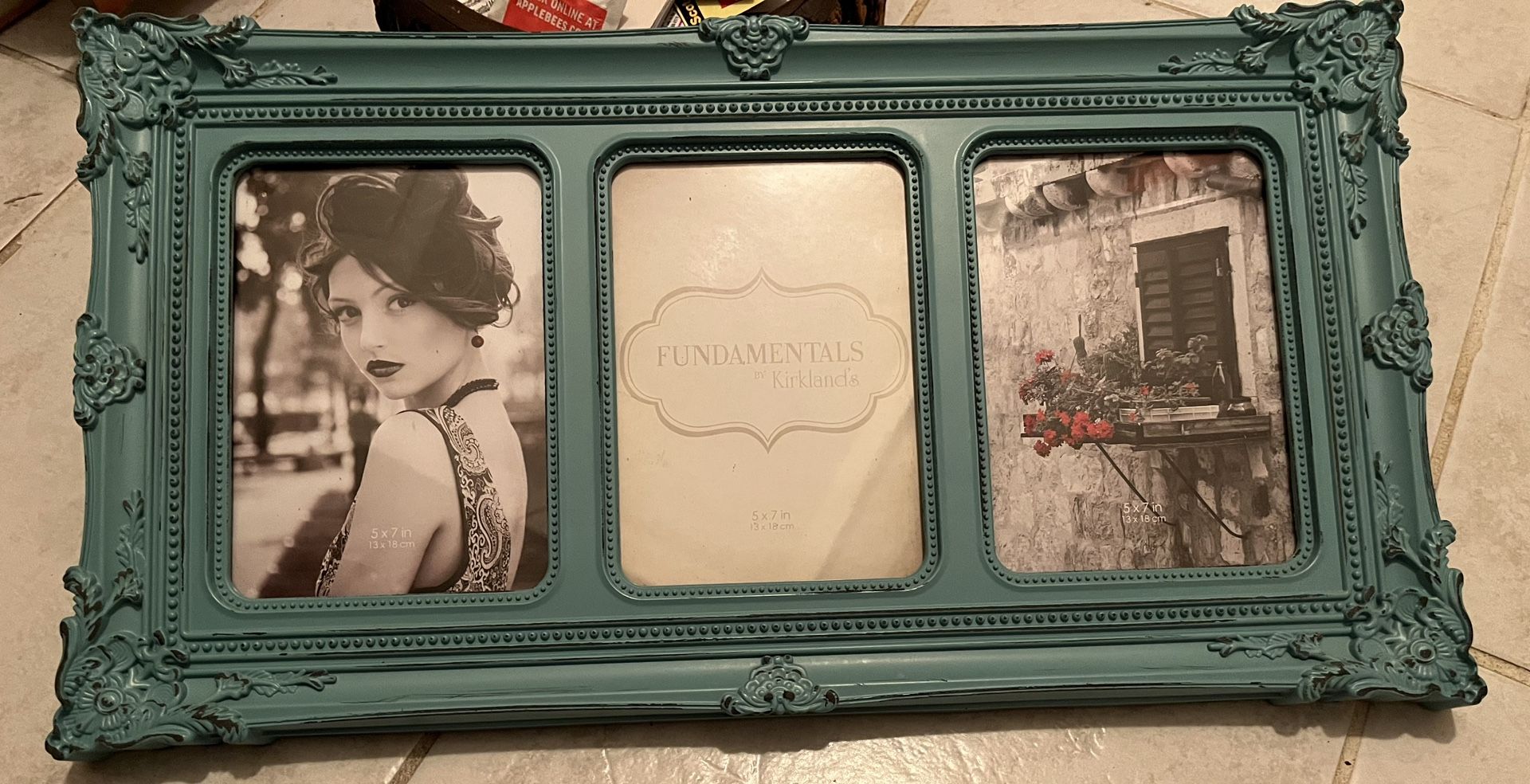 New Turquoise Blue Triple Picture Frames 5 X 7", actual piece 19 and three-quarter inches wide by just about 10 1/2 inches