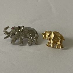 Elephant Pins/Brooches 1 Silver 1 Gold Trunks Raised