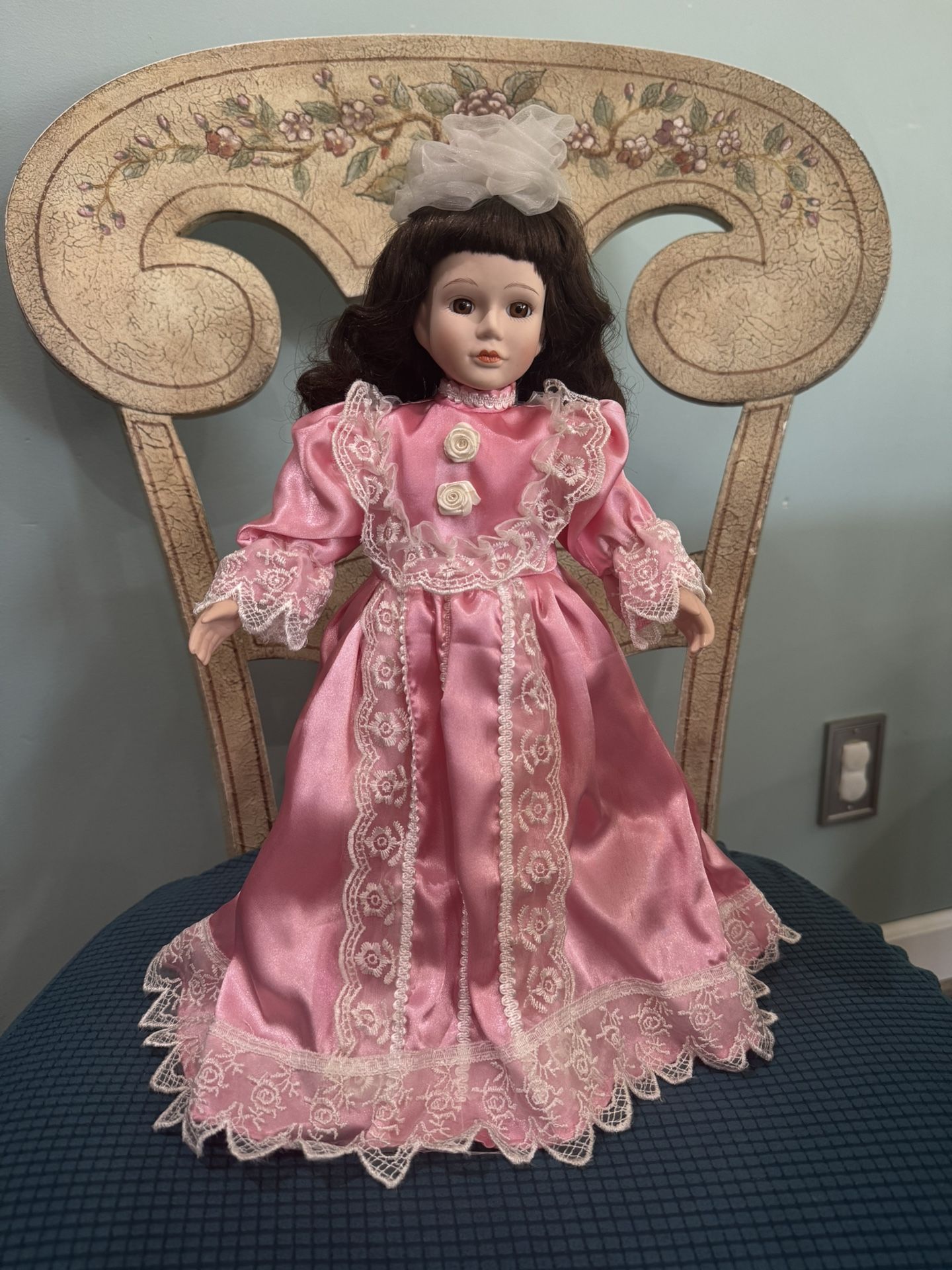 Vintage Porcelain Doll Dark Hair Pink Dress Lace Trim White Bonnet
