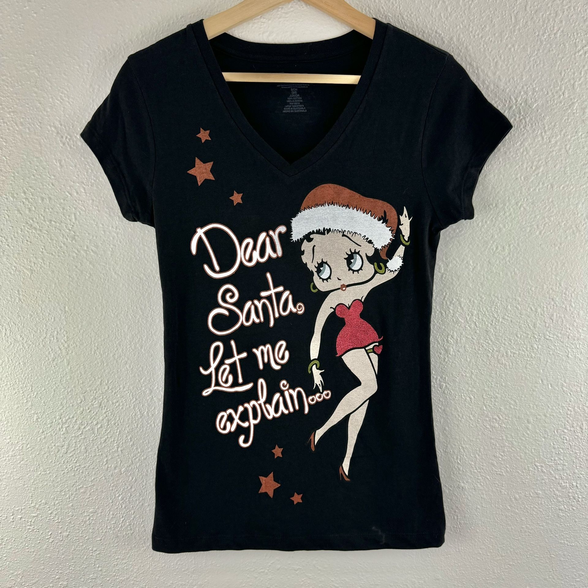 BETTY BOOP Black Holiday Christmas Santa Let Me Explain Short Sleeve Graphic Tee