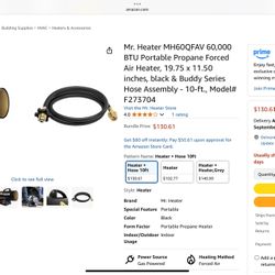 Mr. Heater MH60QFAV 60,000 BTU Portable Propane Forced Air Heater, 19.75 x 11.50 inches, black & Buddy Series Hose Assembly - 10-ft., Model# F273704