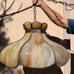 Vintage bent slag glass hanging lamp