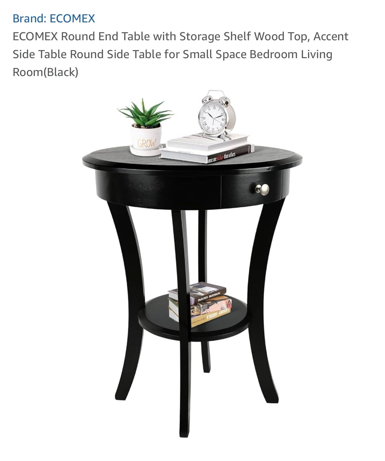 ECOMEX Round End Table with Storage Shelf Wood Top, Accent Side Table Round Side Table for Small Space Bedroom Living Room(Black) 