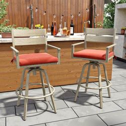 Outdoor Bar Stool Wood Patterned Frame with Sunbrella Red Cushion (2-Pack)