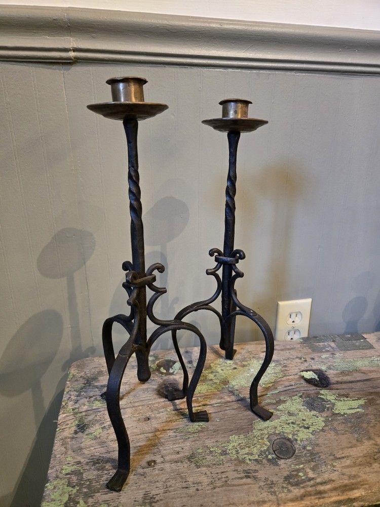 Pair Of Vintage Arts And Craft Brass And Iron Candlesticks