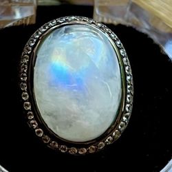 Large Moonstone Cabochon & White Topaz Gunmetal Ring