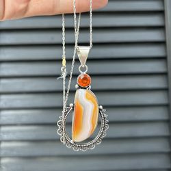 Vintage CARMEL BOTSWANA Banded AGATE Sterling Silver Pendant Necklace Jewelry Signed Amber Orange 
