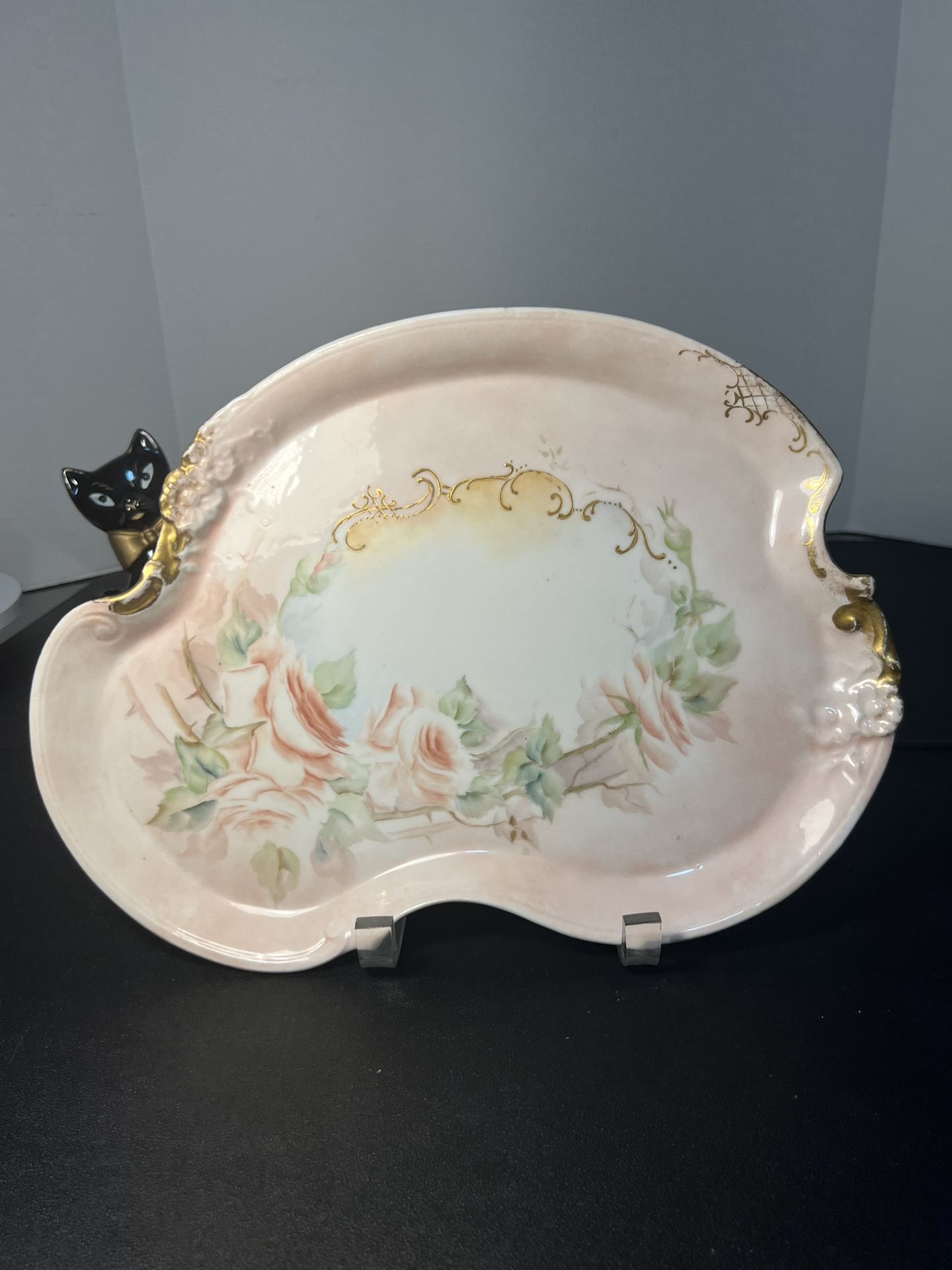 W.G. & Co. Limoges Antique 1910s Hand-Painted Large Asymmetrical Tray Roses & Gold