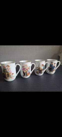 Vintage 1982 Norman Rockwell Porcelain Mug Set (4) - 24k Gold Trim