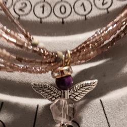 Purple Yellow Brown Multi Strand Beaded Angel Necklace