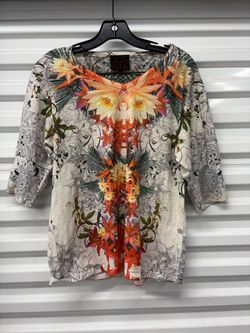 French Blue Women’s Multicolor Floral Beaded V-Neck Top 3/4 Sleeve Size L