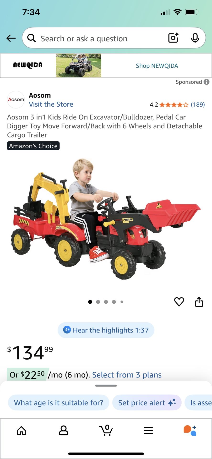 Aosom 3 in1 Kids Ride On Excavator/Bulldozer, Pedal Car Digger Toy Move Forward/Back with 6 Wheels and Detachable Cargo Trailer Amazon's Choice