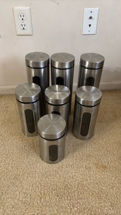 Kitchen 6pc Stainless Steel & Glass Canister Set Silver Cylinder w/lids