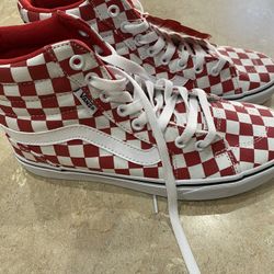 red and white checkered high top vans 
