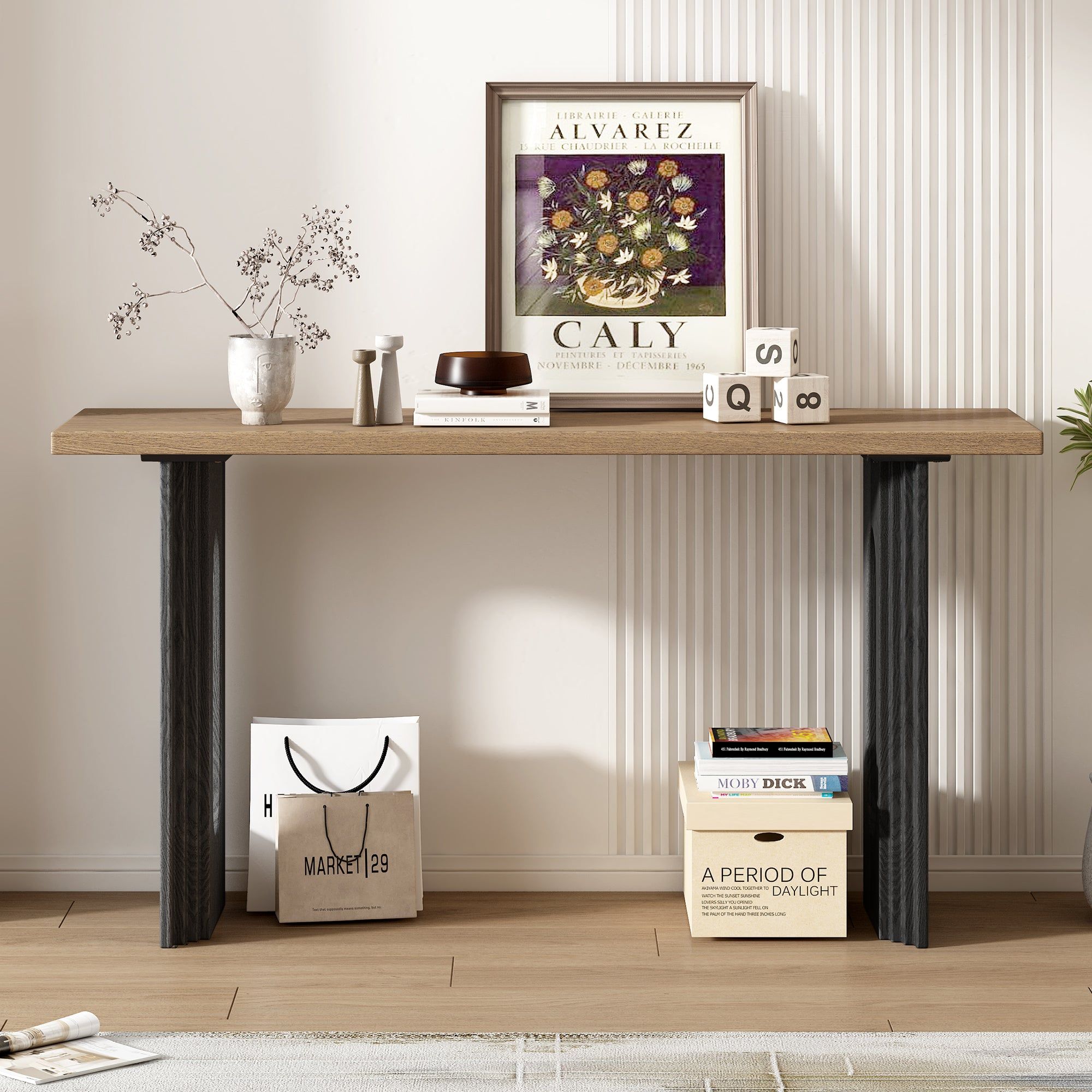 Uniquely Designed Console Table made of Fraxinus Mandschuric Solid Wood Veneer,with Distinctive Round Hollow Legs, Suitable for Foyer, Living Room, or