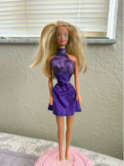Vintage 1990s Barbie Doll in Purple Glitter Halter Dress