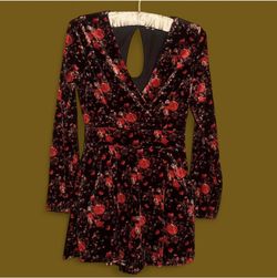 Red and Black Floral Velvet rose Romper Dress