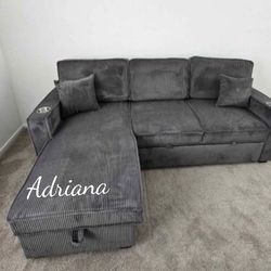 Stylish 2-Pc Sectional Sofa Reversible Chaise With Pull-out Bed And Storage