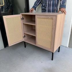 New In Box 31.5x15x33 Inch Tall Entryway Rattan Buffet Sideboard Cabinet Cupboard Shelf Teak Microwave Stand Shoe Rack Storage