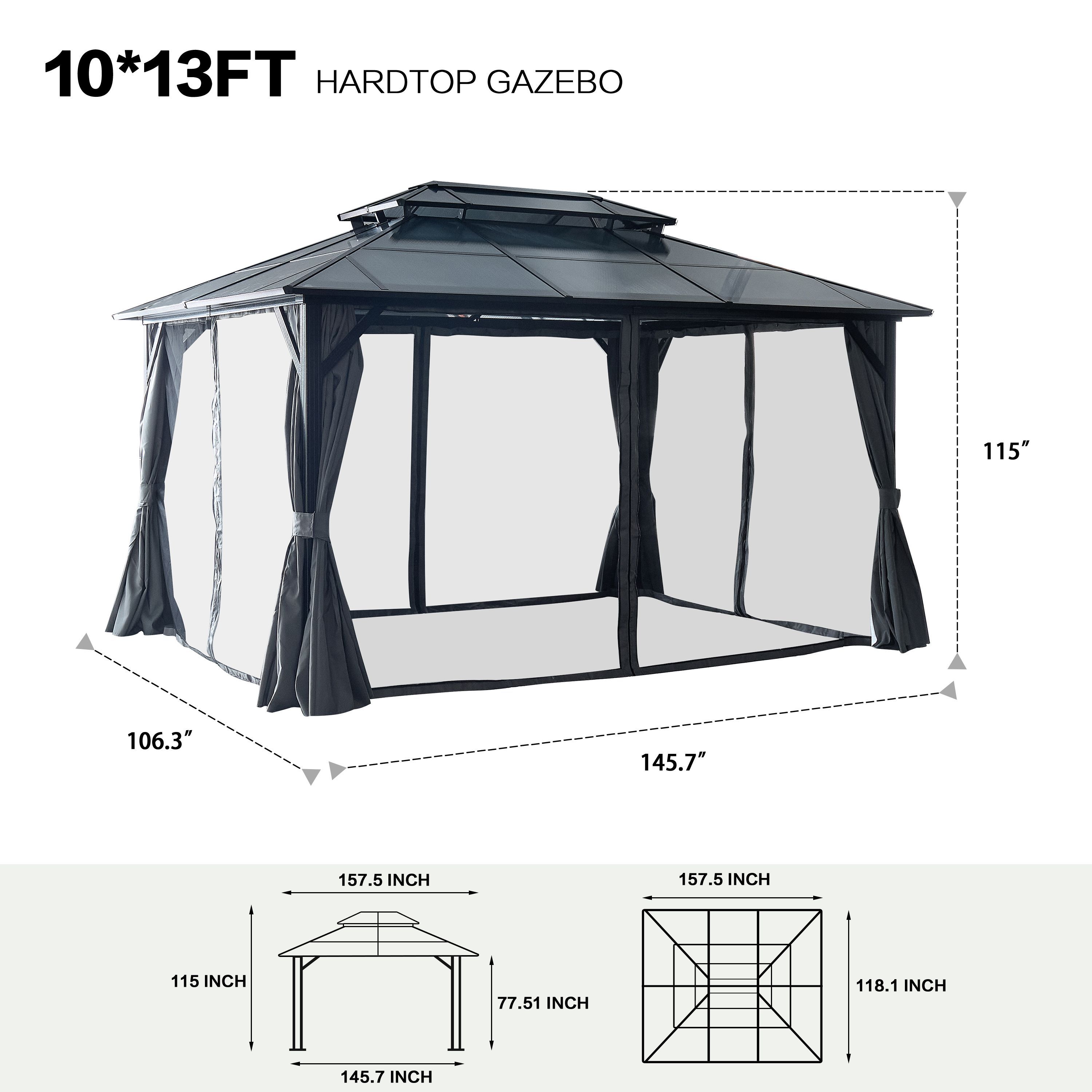 10'x13' Hardtop Gazebo, Outdoor Polycarbonate Double Roof Canopy, Aluminum Frame Permanent Pavilion with Curtains and Netting, Sunshade for Garden, Pa