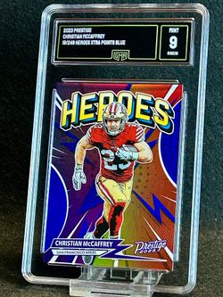 2023 Prestige 💥 Christian Mccaffrey 💥 Hereos Xtra Points Blue 19/249 GMA 9 Mint 💎 - San Francisco 49ers