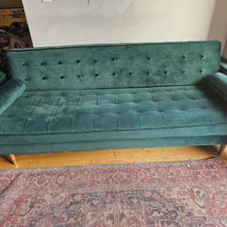Emerald Green Velveteen Tuffed Couch For Sale