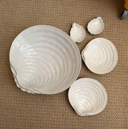 Pottery Barn large seashell bowl with side dishes and dipping plates