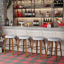 26"H Swivel Upholstered Bar Stools with Solid Wood Legs, Gray (Set of 4)