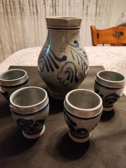 German Vintage Marzi & Remy cobalt Blue glazed stone ware . Pitcher 3061, cups 3062