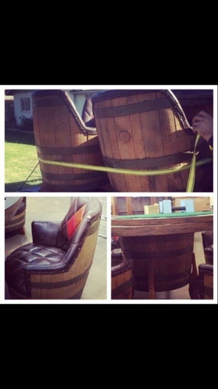 Vintage 70's oak whiskey barrel table and chairs