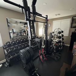 Rogue Monster Rack + 600lb Plates + Bar + Attachments