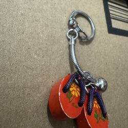 Handcrafted Japanese Sandal Keychain with Bell - Vibrant Red and Yellow Design