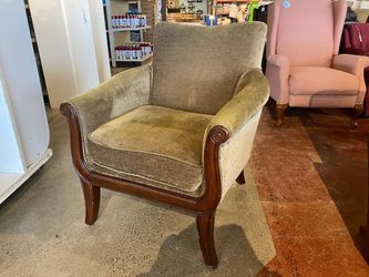 Classic Vinage Olive Green Arm Chair with Curved Wood Frame