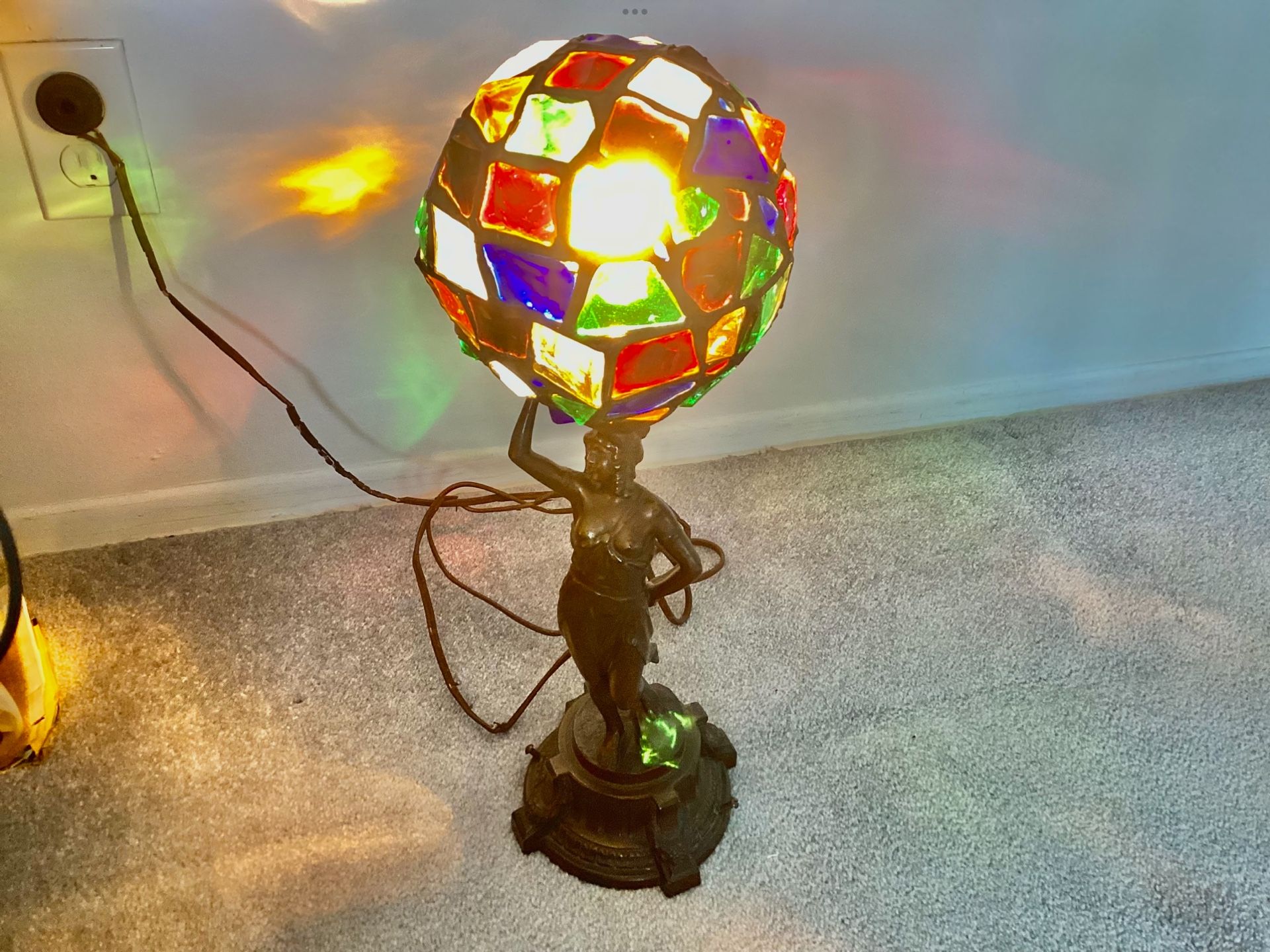 Antique German Art Deco Figural Table Lamp Chunk Mosaic Glass Globe Shade WORKING