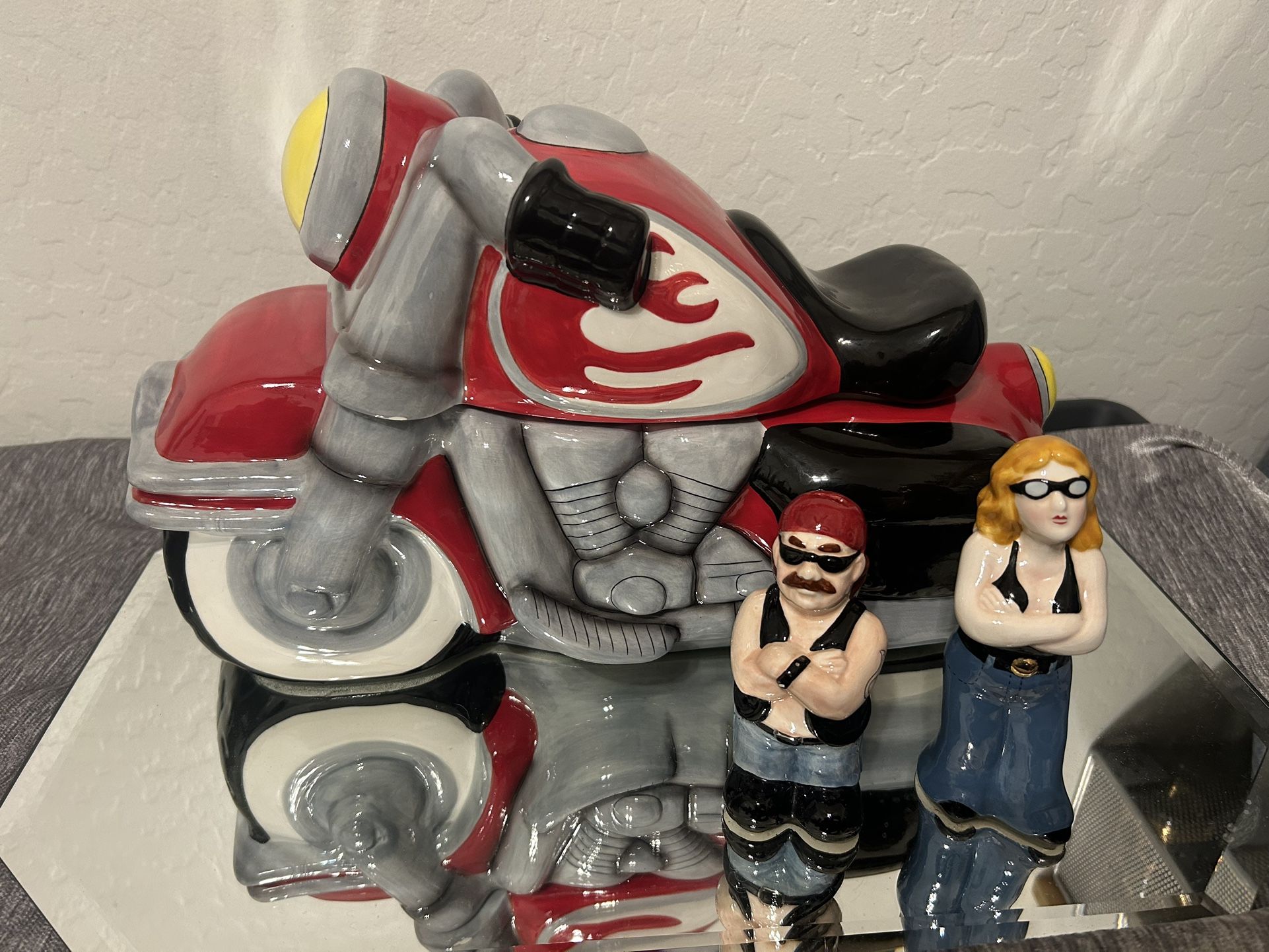 Â Motorcycle Cookie Jar With Biker Salt and Pepper Shakers Harley Riders
