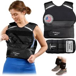 2-in-1 Adjustable Weighted Vest + Ankle Weights (15 & 20lbs) - Running weighted vest for Women & Men with Reflective Stripe, Phone Pocket - Workout Eq