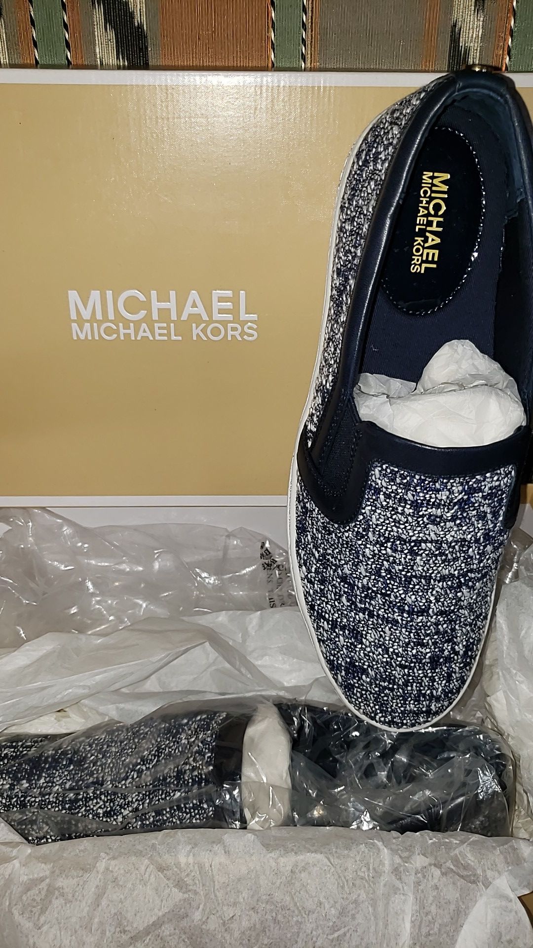 MICHAEL KORS Leo Slip On FLATS Sneakers TWEED Textile Leather NAVY