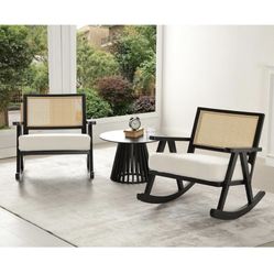 2 Mid century Wooden/ Rattan / Sherpa Rocking Chair