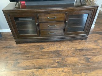 Dark Brown Wood TV Stand with Glass Doors
