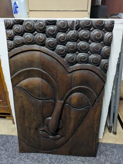 Large Hand-Carved Wooden Buddha Face Wall Panel (23" x 36")
