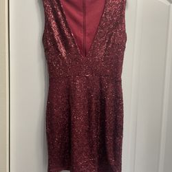 Red Maroon Sequin V Cut Dress Size S 