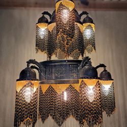 Art Deco Moorish Moroccan Style Brass And Bead Chandelier Two Tier