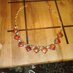 Vintage Coro Red Confetti Lucite Thermoset Necklace. Gold tone 16 inch choker. Signed Coro