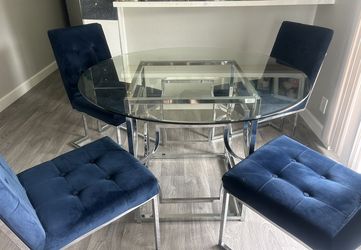 Modern Glass Dining Table w/ 4 Blue Velvet Chrome Chairs – $200