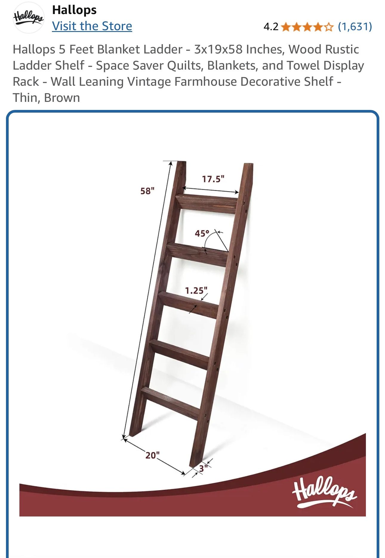 Hallops 5 Feet Blanket Ladder - Wood Rustic Ladder Shelf