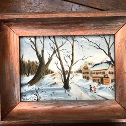 1956 Oil Painting Snow Scene On Canvas Signed