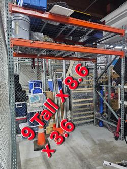 Pallet Rack Shelving Unit 9' x 8.6' x 3.6 Homestead 33033. Delivery fee
Heavy-duty pallet rack with orange steel beams and gray upright frames. Two-t