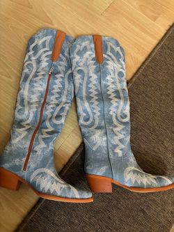 Denim Cowboy Boots with Embroidery