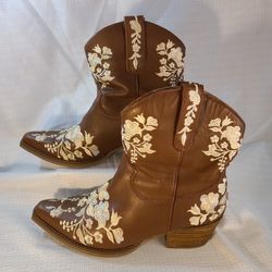 Dingo Take A Bow Leather Ankle Boots Womens 6.5M Floral Embroidery Whiskey Brown