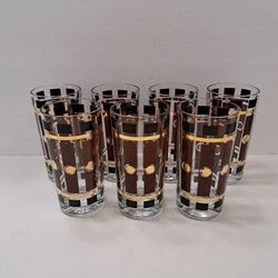 Hazel Atlas MCM Atomic set of 7 Black Gold & Brown 22k Tumblers Tom Collins